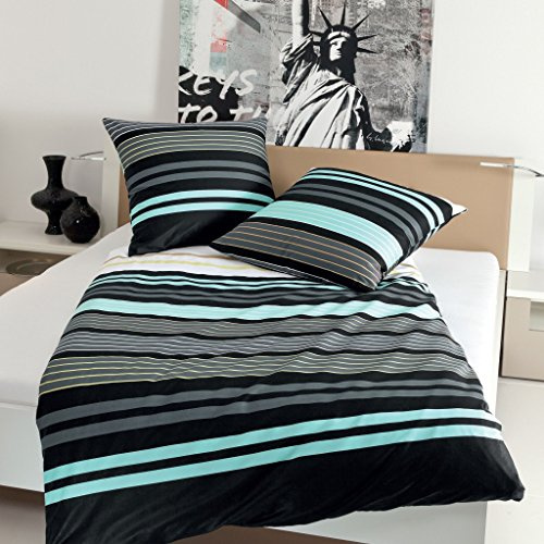 Janine Bettwäsche J.D. 8464 02 Aqua Graphit Streifen Mako Satin, Größe:155 cm x 220 cm