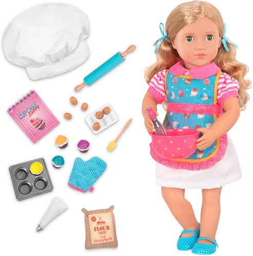 Our Generation Jenny Bäckerpuppe, beweglich mit blondem Haar | Bewegliche 46-cm-Bäckerpuppe mit Outfit, Schürze, Kochmütze, 4 Cupcakes und Backzubehör; 5+ Jahre