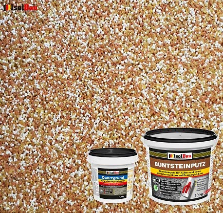 Isolbau Buntsteinputz - Mosaikputz für innen & außen - Frostsicher, wasserfest, stoßfest - BP40 (Braun, Weiß, Gelb), 10 kg + Quarzgrund 1,5 kg