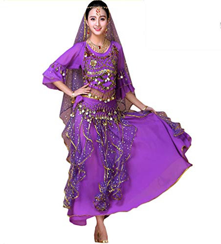 LaoZan Halloween Münze Tanzkostüm-Set Maxirock Damen Indische Bauchtanz Trainingskleidung (Violett(8Pcs))
