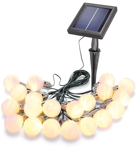 Esotec Lichterkette außen Solar Glühbirnen, warmweiß, 20 LED, Deko 102180 | 20 warmweiße LEDs mit 2800K, bis 10Std. Leuchtdauer, Dauer- oder Blinklicht, Kabellänge 12m, Leuchtlänge 10m, Gartendeko