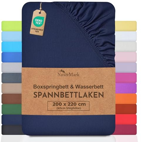 NatureMark Basic Boxspringbett & Wasserbett Spannbettlaken 200 x 220 cm - 40 cm Steghöhe - 200x220cm Spannbetttuch - 100% Baumwolle, Navy blau