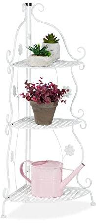 Relaxdays Blumenregal Metall, 3-stufiges Pflanzenregal, HxBxT: 82,5 x 31 x 31 cm, innen & außen, Retro Eckregal, weiß