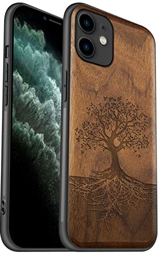 Carveit Coque pour iPhone 11 [Élégant Noyer] [Pare-Chocs en TPU Souple] Coque de téléphone Antichoc Compatible avec 11 Coques en Bois (Arbre avec des Racines)