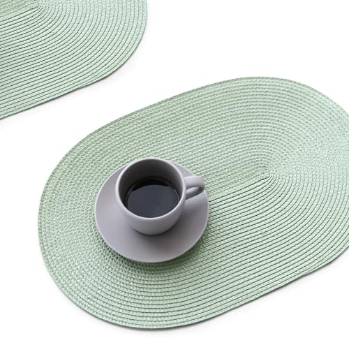 FunWheat Runde geflochtene Tischsets Set mit 6 Stück für Esstische Gewebte Abwaschbar rutschfeste Tischsets (Oval Nebelgrün)