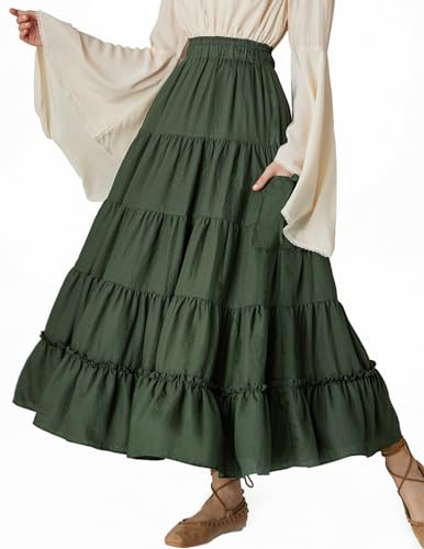 Scarlet Darkness Jupe Longue d'été Ample et Fluide avec Poches pour Femme, Vert Olive, Taille L