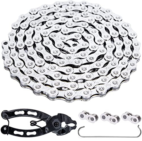 YBEKI 6/7/8/9/10/11 Speed Carbon Steel Bike Chain with Full Silver Plating, 116 Links, 3 Extra Master Links & Chain Tool - Compatible with Shimano/SRAM Mountain, Road (10 Speed, Silver, 1)