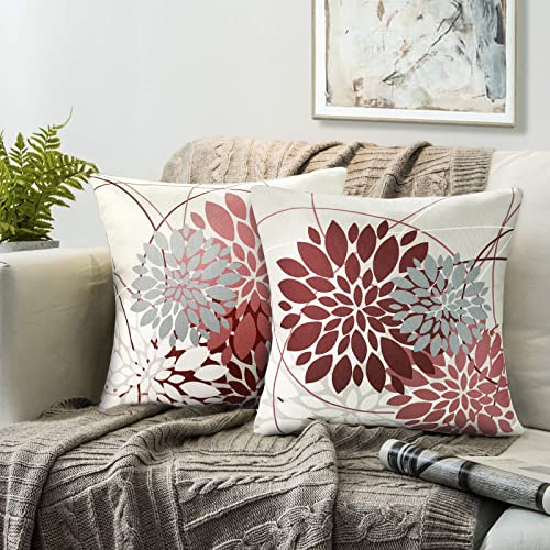 Rot Sofakissen Herbst Couchkissen Bezüge 40x40 Sofakissen Bezug Weinrot Und Grau Kissenbezüge Herbst Geometrisch Blumen-bauernhaus Kissenbezug Geeignet Für Outdoor Patio Sofa Dekoration, 2er Pack