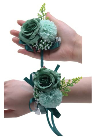 Rikyo 2pc Rose Flower Wrist Corsage & Boutonniere Set, Silk Flower for Bride & Groom, Cake & Party Decor (Blackish Green)