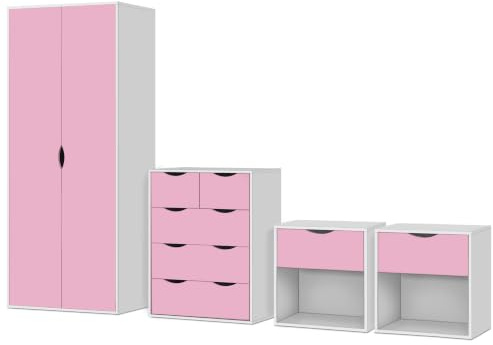 AFN Home Delvito 4 Piece Bedroom Furniture Set, Modern Bedroom Storage with Wardrobe, 5 Drawer Chest & 2 Bedside Cabinets, Pink on White