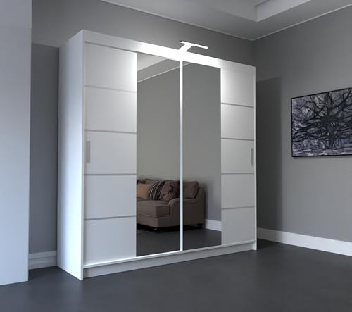 RAC3 Wardrobes for Bedroom with Mirrored Sliding Door & LED Light Premium Wardrobe Storage with Sleek Design comes in Colours Black/White/Grey/Oak- Different Sizes from 150cm - 250cm (White, 250cm)