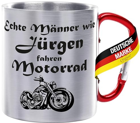 Crealuxe Edelstahltasse mit Karabiner - Echte Männer wie Wunschname fahren Motorrad - 330ml, Tasse bedruckt, Kaffeetasse, Bürotasse, Metalltasse mit Name