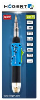 HÖGERT TECHNIK 3in1 Gaslötkolben, 220 W, Piezo-Zündung, Lötkolben (400°C), Brenner (1300°C), Senge (550°C), Butan-Propan, kompakt, ergonomisch, 40 Min Laufzeit