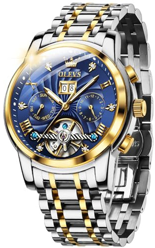 OLEVS Automatic Watches for Men Blue Diamond Skeleton Mechanical Tourbillon Self Winding Luxury Dress Wrist Watches Calendar Luminous Waterproof