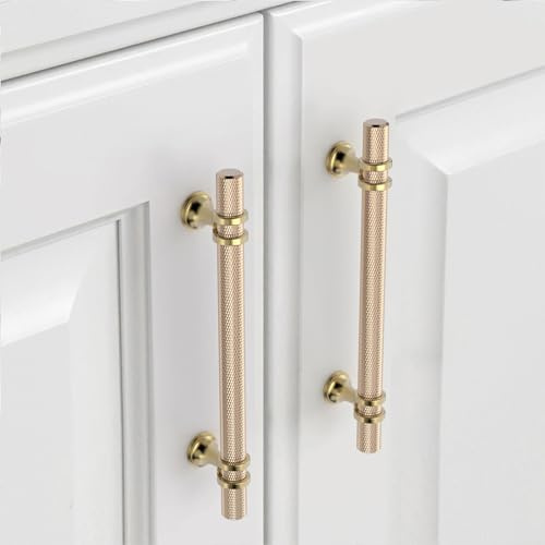 9BUILD 10 Stück Schrankgriffe Gold Lochabstand 128mm Griffe für Küchenschränke Gebürstetes Messing Gerändelte Möbelgriffe Küchengriffe griffe möbel Küchenschrank Schranktürgriffe EU0043