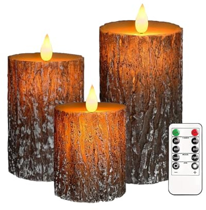 VEEKI Flameless Candles Lights, Set of 3 Battery Operated Flickering Flameless Candles with Remote & Timer, Dimmable LED Pillar Candles, Pine Bark Electric LED Candles for Christmas Winter Home Decor