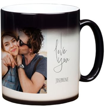 personalisierte Zaubertasse mit Foto | 330 ml Zaubertasse gestalten | Farbwechseltasse: Foto wird durch Heißgetränk sichtbar | Magic Mug aus Keramik (i love you, innen weiß)