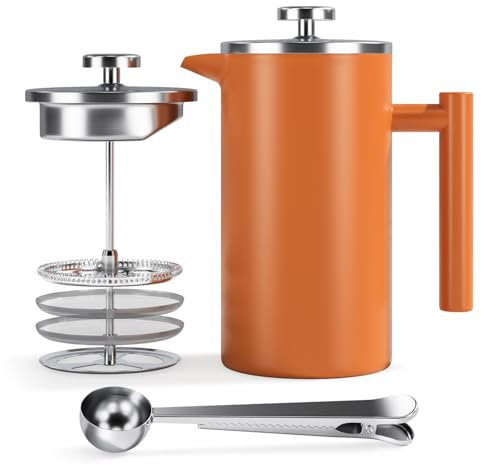 Enfmay Cafetera Francesa, Prensa Francesa 1L con Sistema Filtración de 4 Capas, French Press Portátil Acero Inox con Aislamiento de Doble Pared para Hogar, Viajes y Camping, con Cuchara, Naranja