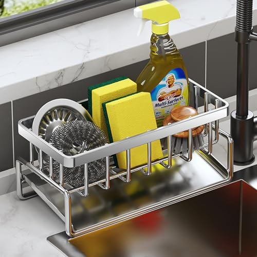 JJIW Sink Caddy, Kitchen Sink Organiser with Hook (Punch-Free Installation), Kitchen Accessories - Stainless Steel Dishcloth Sponge Holder for Kitchen Storage & Organisation(Silver)