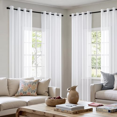 MIULEE Voile Vorhang mit Ösen transparent 140x145 cm 4er Set Weiß | Transparente leichte Voile Gardine als Ösenschal für Wohnzimmer und Schlafzimmer, lichtdurchlässig, luftig, dekorativ