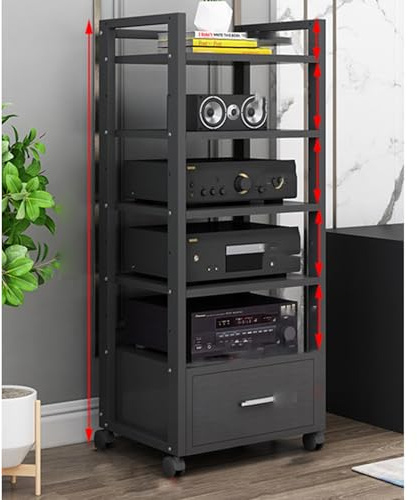 AudioVideo-Media-Ständer mit Schublade und Rädern, Premium-Hifi-Regal für Heimunterhaltung, Stereo-Komponenten, stilvolles tiefschwarzes Finish, ideal für Heimkino-Systeme