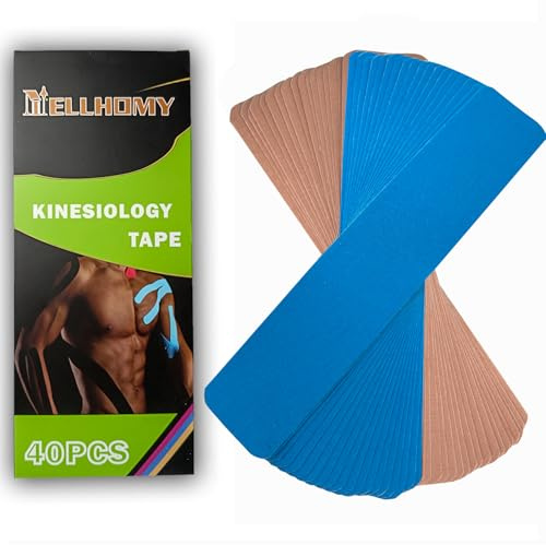 NELLHOMY 40 cintas de kinesiología deportivas precortadas, resistentes al agua y elásticas, para rodillas, hombros y codos, bandas reafirmantes musculares, color azul y beige