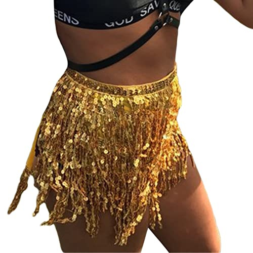 CocMouse Women's Sequin Tassel Skirts Sparkly Fringe Belly Dance Performance Short Skirt Hip Scarf Rave Party Costume (Yellow, ONE Size)