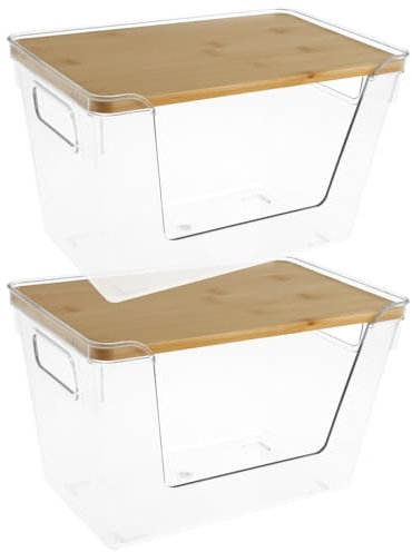 Lot de 2 bacs de rangement avec couvercle et poignées - Boîtes de rangement transparentes ouvertes sur le devant - Empilables - Distributeur de sacs poubelle stables pour garde-manger - Organisateurs