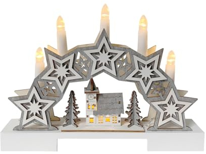 HTI living Schwibbogen Sterne und Kirche Weiß Grau Lichterbogen Weihnachtsdeko batteriebetrieben