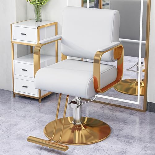 TFDRSEXVD Friseurstuhl High-End-Friseursalon Spezialfriseurstuhl Hocker Lift Rotation Verdickter Haarschneidehocker,Weiß,Gold Plate
