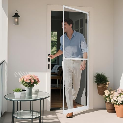 fowong Fly Screens for Doors - 100 x 249cm White Aluminium Frame Door Screen with Adjustable Frame, Anti-Mosquito, Ventilation, Daylighting