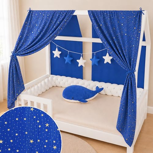YellowNest Hausbett Himmel (2er Pack) - 100% Baumwolle - Betthimmel Hausbett aus Musselin - Himmelbett Vorhänge für Bett 80x160 & 140x200 cm (Marineblau Wimpelkette Stern, 130 x 320 (2er-Set))