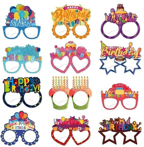 Lekabee 12 Carta Occhiali per Feste, Colorati Buon Compleanno per Bambini Adulti Bomboniere Divertenti Foto Props Accessori