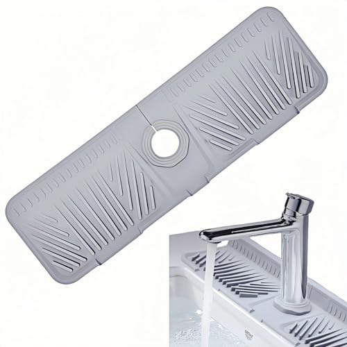 Silicone Kitchen Sink Protector Mat 17.5 Inch - Non-Slip Faucet Mat with Splash Guard Behind Faucet, Drip Catcher & Sponge Holder | Sink Accessories for Bathroom & Kitchen (Gray)