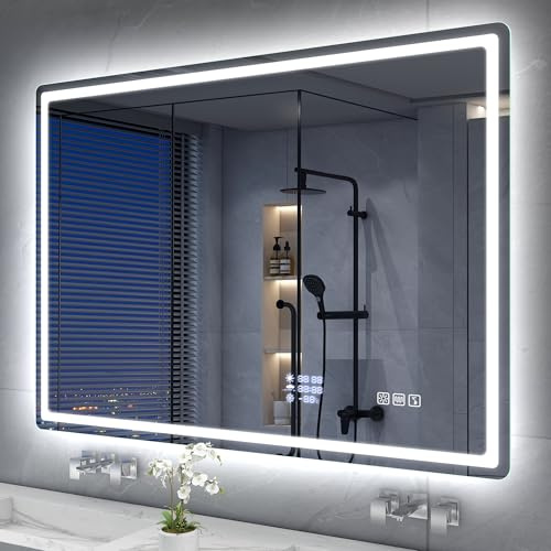 S'bagno Bluetooth-badrumsspegel med belysning – 100 x 70 cm, LED-badrumsspegel med dimma och klocka, 3000 K–6500 K, dimbar, minne, IP44-wifi badrumsspegel med datum och vädervisning