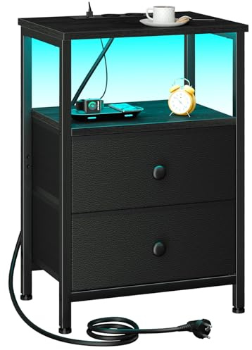 AMHANCIBLE Mesita de Noche, Mesitas de Noche con Estación de Carga, Mesa Auxiliar con 2 Cajones de Tela, 2 Tomas AC, 2 Puertos USB, Dormitorio, Salón, Estudio, Negro, EHETS02BK-1