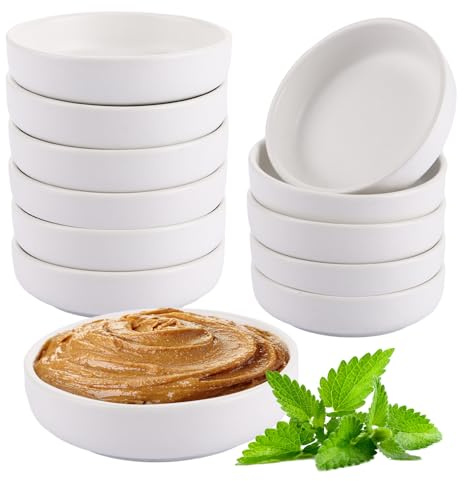 YAYODS 12 Stück Kleine Dip Schälchen Keramik Ø 9 cm - Hohe 2 cm Weiß Dipschalen Dip Schalen - Sushi Sojasauce Schälchen - Kleine Schüsseln als Saucenschälchen, Snackschalen, Dessertschalen Porzellan
