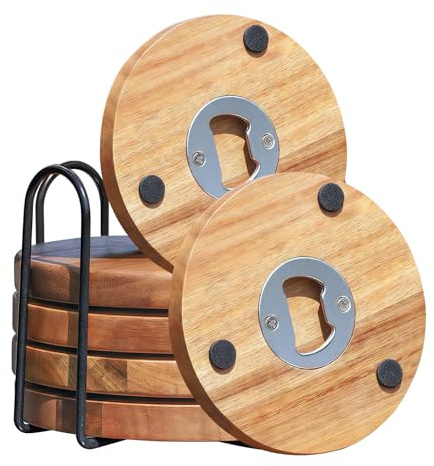 Lot De 6 Dessous De Verre en Bois avec Décapsuleur, Dessous De Verre en Bois D'acacia avec Support, Dessous De Verres Ronds 10 Cm, pour Verres à Boissons, Bar, Tasses