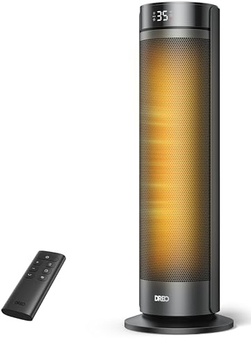 DREO Space Heater for Large Room, 23 Inch Electric Heaters for Indoor Use, 8 Safe Protection Tower, 70° Oscillation, PTC Ceramic with Thermostat and Remote, Quiet, 12H Timer, Bedroom, Office