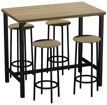 URBNLIVING CANCUN Bar Table and Stools Set – Industrial Kitchen Dining Breakfast Counter Furniture with 2 or 4 Chairs, Space-Saving Design for Home & Small Spaces - 5 Piece - Oak