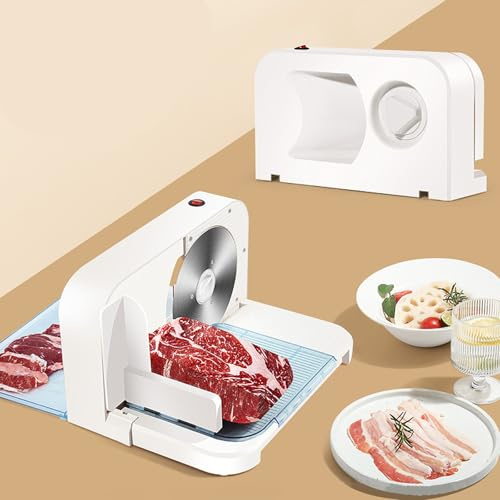 Máquina cortadora de carne para el hogar, 150 W, plegable, hoja dentada de acero inoxidable de 16,5 cm, grosor ajustable de 1 a 15 mm, cortador de alimentos para carne de res, cerdo, salmón