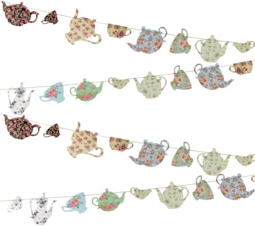KSHGTB Vintage Tea Cup Floral Garland Bunting Banner Decorations - Elegant Vintage Banner for Alice in Wonderland Parties, Tea party, Weddings
