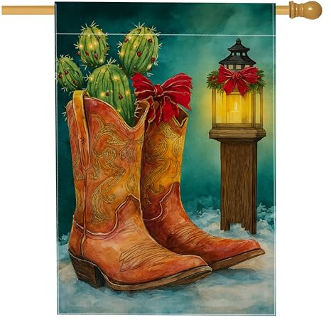 Bandiera della casa degli stivali da cowboy, lanterna rustica occidentale con cactus di Natale marrone in iuta su entrambi i lati, grande bandiera da giardino per esterni, patio, prato, ingresso