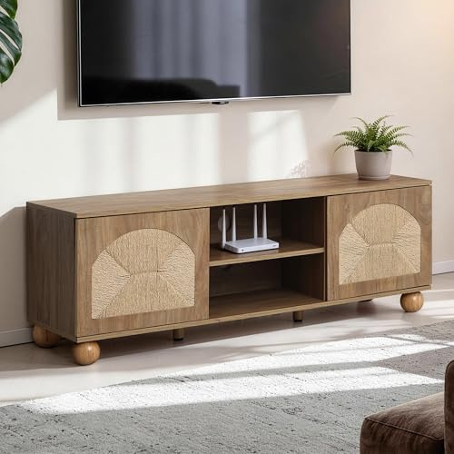 Hometopia TV-Lowboard 140 cm in Walnussoptik mit Kordelgeflecht | Modernes TV-Board im Boho-Stil mit 2 Türen, 2 offenen Fächern, Kabeldurchlässen und Kugelfüßen, 140 × 40 × 48 cm