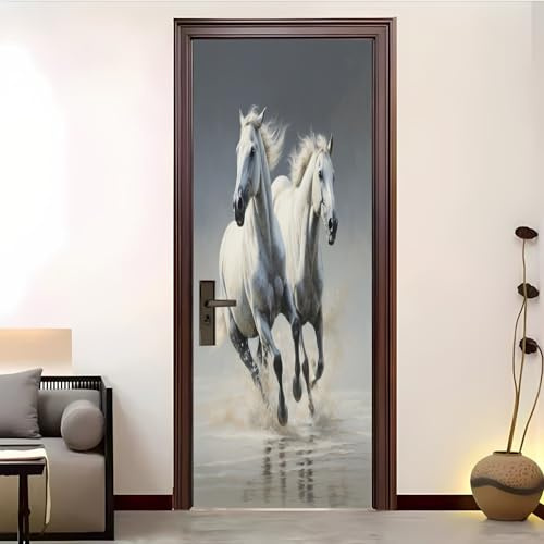 3D Türaufkleber Wandbild Selbstklebend PVC Wasserdicht 80x210 cm Tierisches WeißEs Pferd Abnehmbar TürPoster Fototapete für Wohnzimmer Hellgrau Schlafzimmerküche Bad Büro