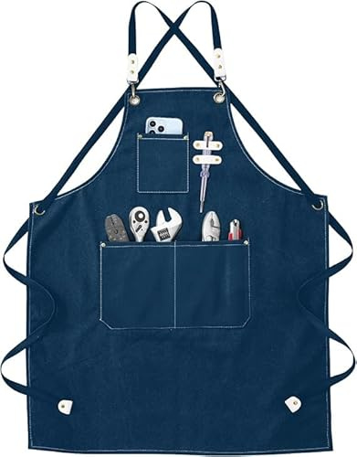 OulQinyhome Grembiule da Cucina Uomo Donna Regolabile con 3 Tasche, Grembiule da Cuoco/Chef per Cucina, Barbecue e Pittura, Design con Incrocio Posteriore, Lavoro Multiuso