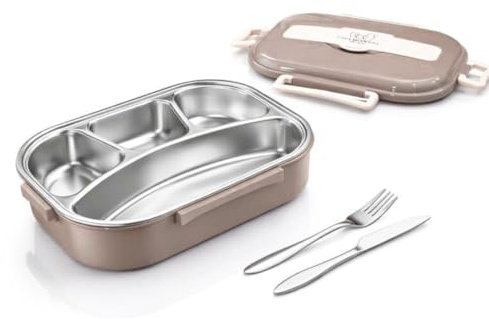 Casa Moderna 1300ml Large Bento Lunch Box with Removable 4-Compartment Stainless Steel Insert – BPA-Free Odor Proof and Leakproof Food Container for Adults – Includes Premium Steel Knife and Fork