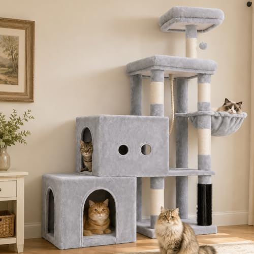 Hey‑brother Rascador para Gatos, Diseño Escalonado, 2 Cuevas, MPJ061W | 130cm Árbol para Gatos, 2 Plataformas, Cesta, Cepillo para Mascotas, para Gato de Interior, Gris Claro