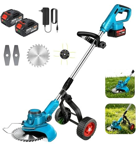 Desbrozadora Electrica 1000W,Desbrozadora Bateria con Baterías de 6000 mAh,Varilla y Cabezal Ajustables Rueda Auxiliar Desmontable, Ancho de Trabajo 23 cm, 3 Tipos de Cuchillas (Azul C)