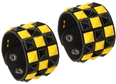 QUARKZMAN 2 Stück Leder Punk Armband 8.7/22cm Geschichtete Reihe Quadratnieten Goth Spike Nieten Armband Verstellbares Armband Manschette Armreif Für Halloween Emo Grunge Accessoires Gelb